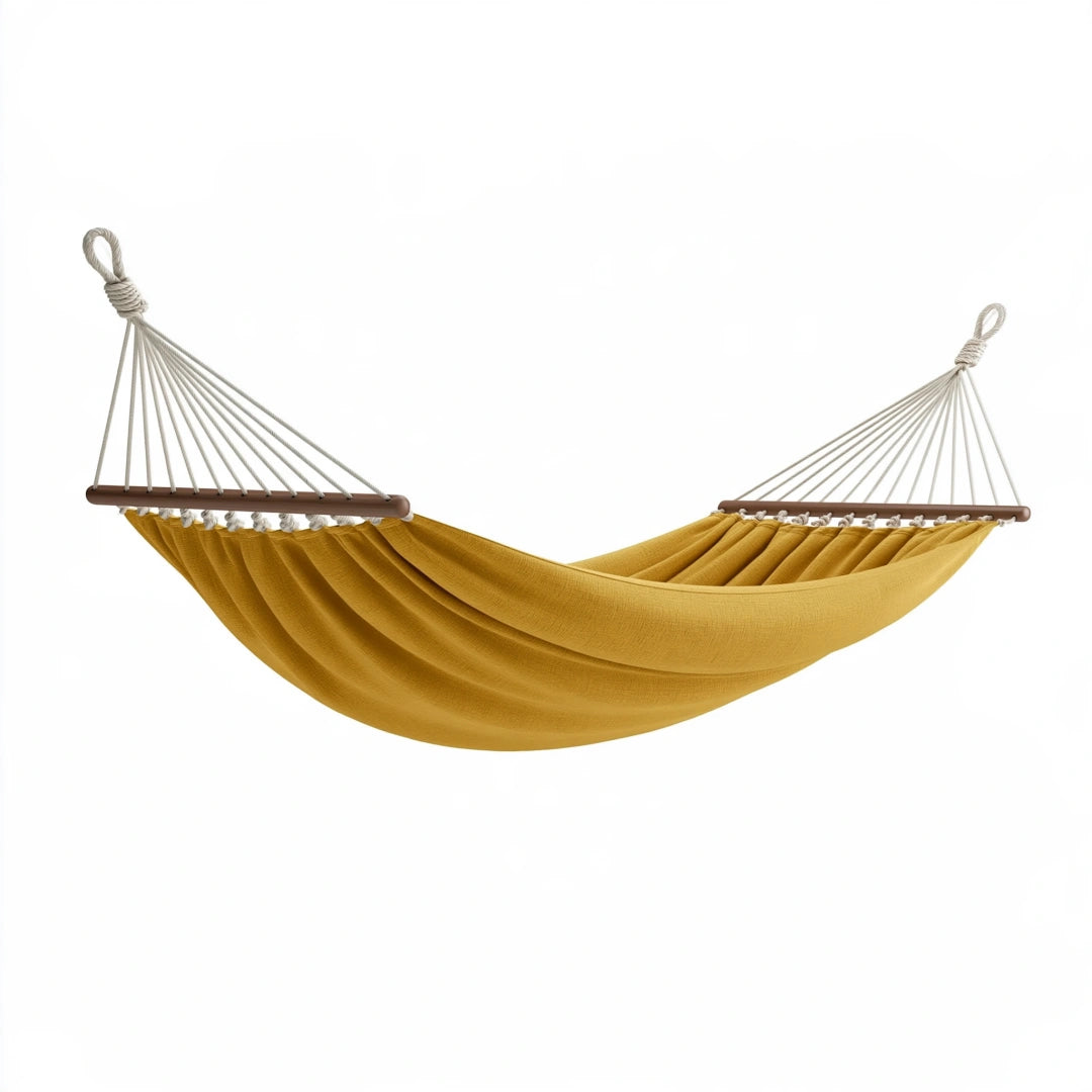 Amaca da giardino 300 cm x 100 cm in tessuto giallo ocra con barre in legno