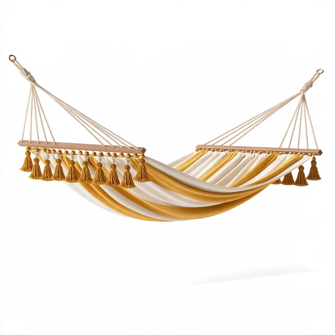 Amaca 200 x 80 cm in cotone giallo senape e bianco con barre in legno stile bohémien