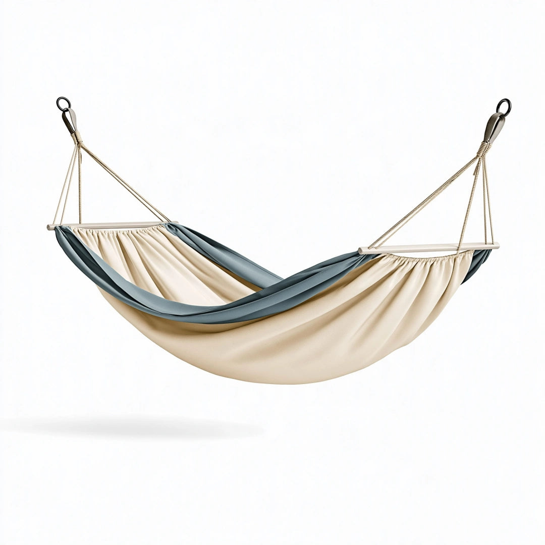 Amaca 200 x 150 cm in tessuto crema e blu grigio con barre in legno per relax
