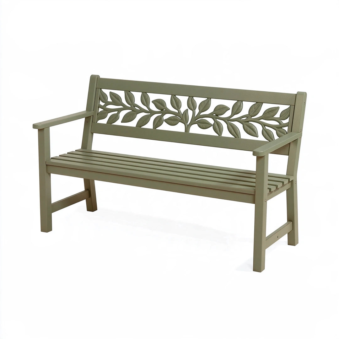 Panchina da giardino 122 x 61 x 88 cm in metallo verde oliva con schienale a foglie