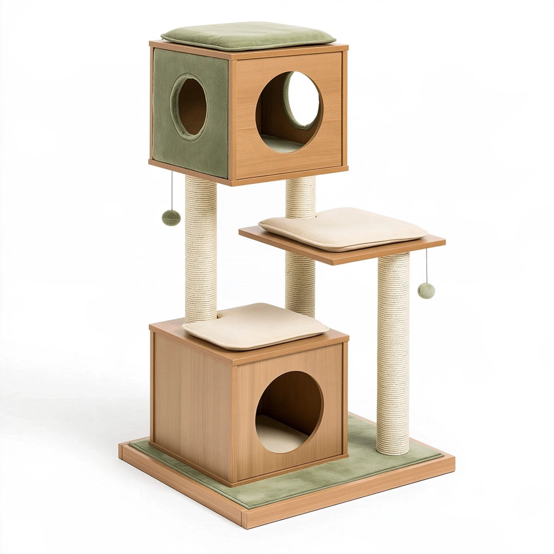 Albero tiragraffi per gatti 60 x 50 x 145 cm in legno beige e verde con colonne in sisal e cucce