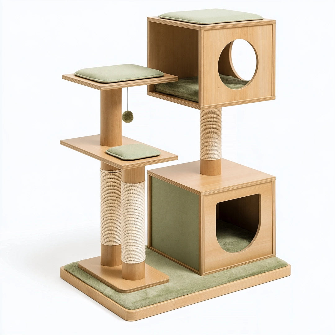 Tiragraffi per gatti 70 x 50 x 120 cm in legno naturale e verde con cuccette piattaforme e colonne in sisal