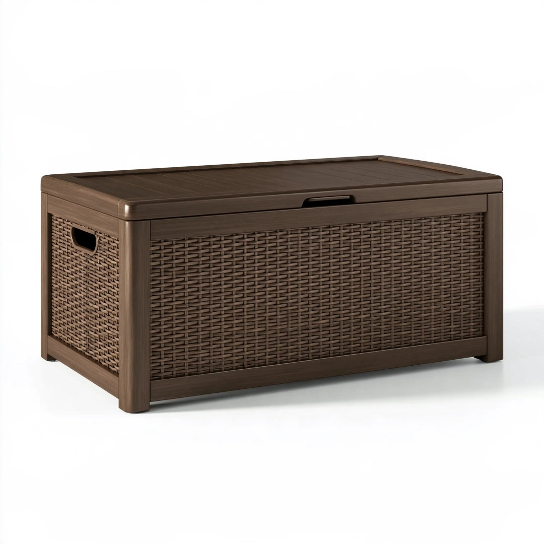 Baule contenitore da esterno 120 x 60 x 60 cm in resina effetto rattan marrone con coperchio stile moderno