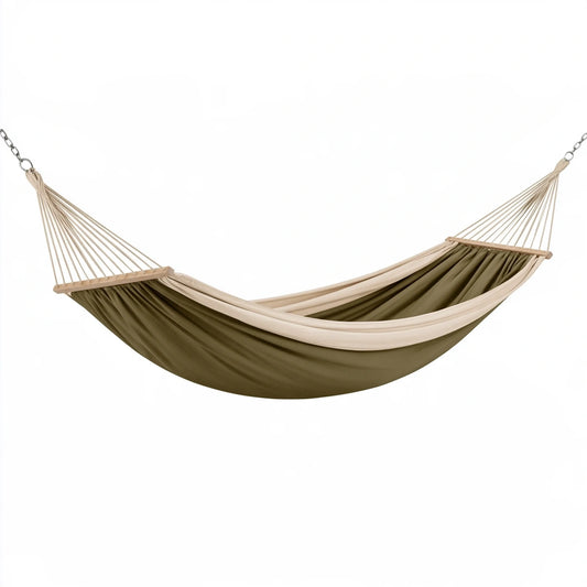 Amaca 320 x 120 cm in tessuto verde oliva e beige con barre in legno per esterno