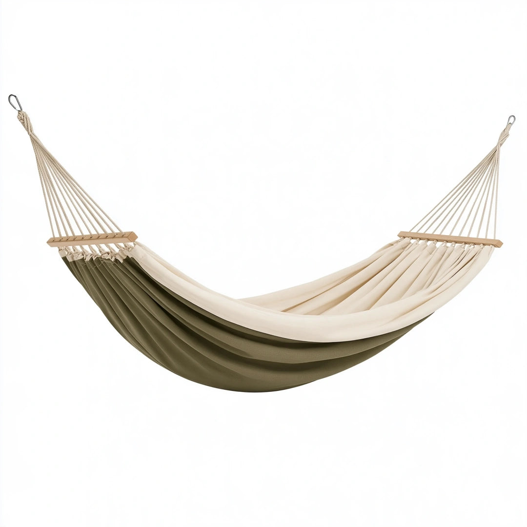 Amaca 300 x 140 cm in tessuto beige e verde oliva con barre in legno per giardino