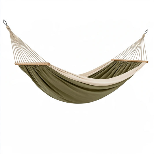 Amaca 200 x 150 cm in tessuto verde e beige con barre in legno per giardino