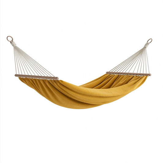 Amaca 300 x 120 cm in cotone giallo - con barre distanziatrici per relax all'aperto