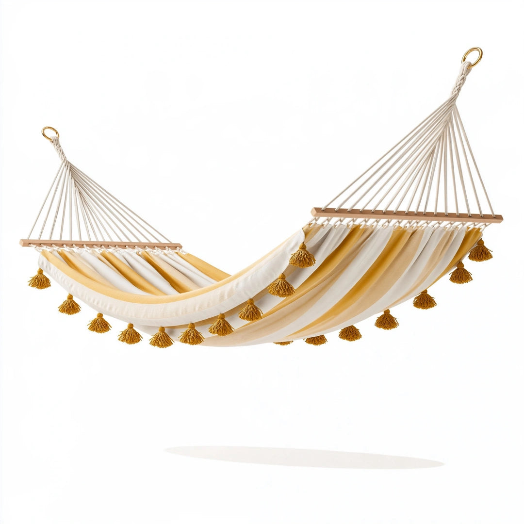 Amaca 300 x 100 cm in cotone bianco e giallo con nappe stile boho