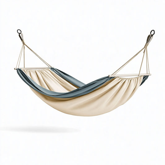 Amaca 200 x 150 cm in tessuto crema e blu grigio con barre in legno per relax