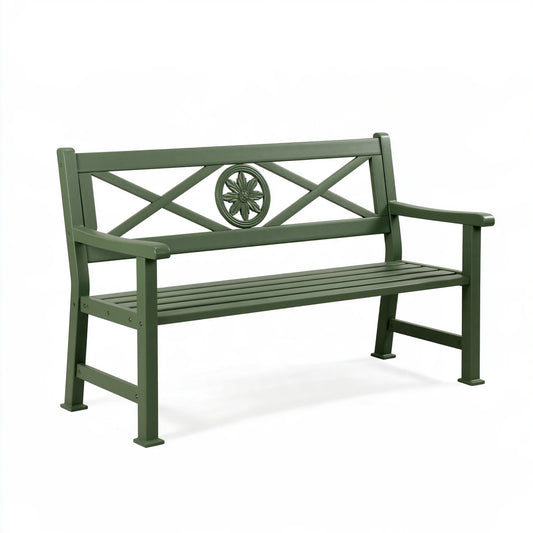 Panca da giardino 122 x 60 x 89 cm in metallo verde con schienale decorativo