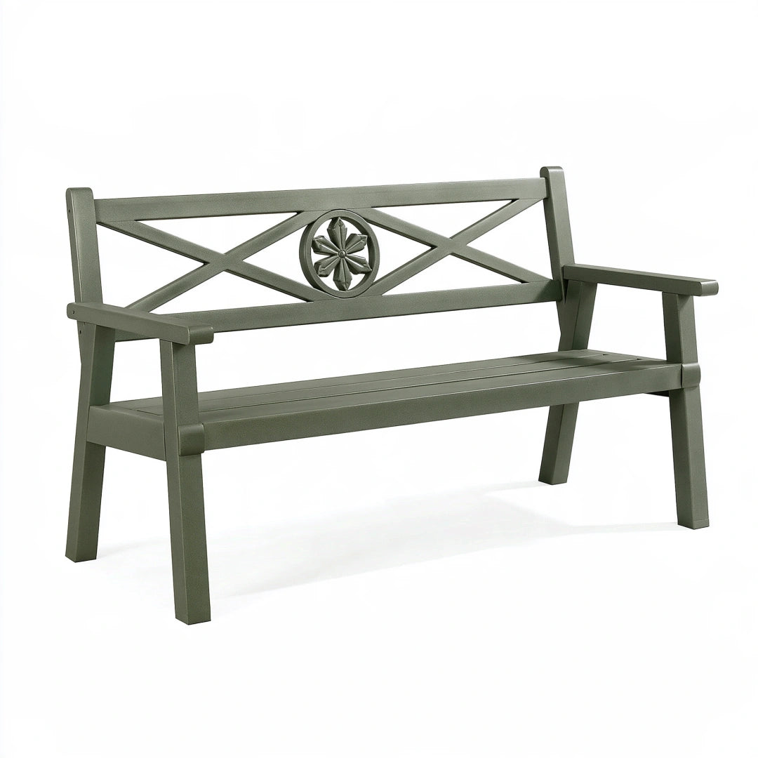 Panca da giardino 120 x 60 x 90 cm in plastica verde oliva - con braccioli stile classico
