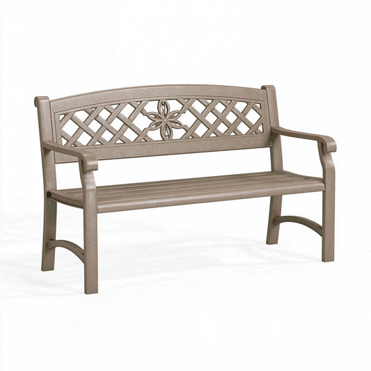 Panca da giardino 120 x 60 x 88 cm in resina tortora con schienale a reticolo e braccioli