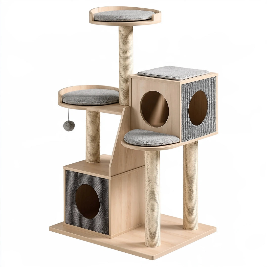 Tiragraffi per gatti 60 x 50 x 145 cm in legno beige e grigio con colonne in sisal e cucce