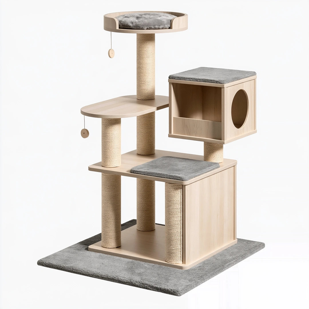 Tiragraffi per gatti 70 x 50 x 150 cm in legno beige e grigio con colonne in sisal