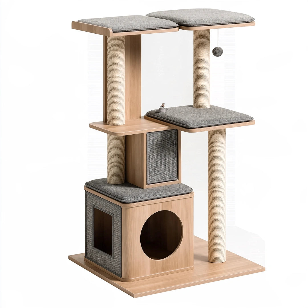 Albero tiragraffi per gatti 60 x 60 x 150 cm in legno beige e grigio - multipiano con cuccia