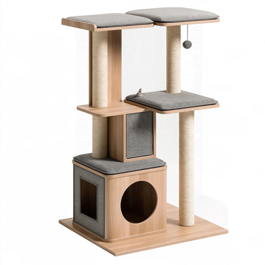 Albero tiragraffi per gatti 60 x 60 x 150 cm in legno beige e grigio - multipiano con cuccia