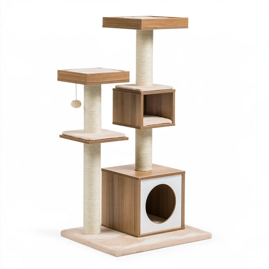 Albero tiragraffi per gatti 60 x 60 x 150 cm in legno marrone beige e bianco con colonne in sisal e cuccia multipiano