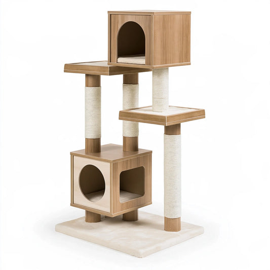 Albero tiragraffi per gatti 60 x 50 x 150 cm in legno marrone e sisal con cucce e piattaforme