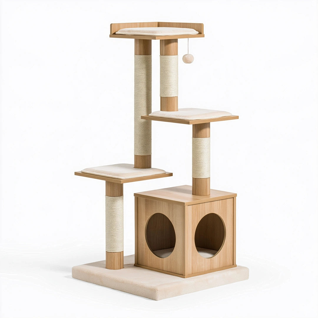 Tiragraffi per gatti 60 x 60 x 150 cm in legno beige con colonne in sisal e cuccia