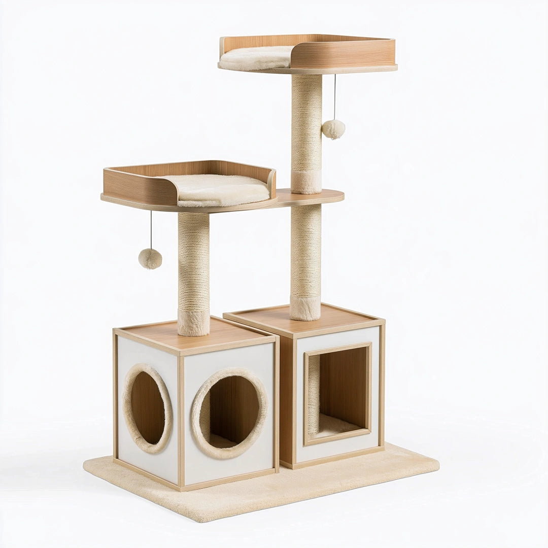Tiragraffi per gatti 80 x 60 x 150 cm in legno naturale beige con cucce e pali in sisal