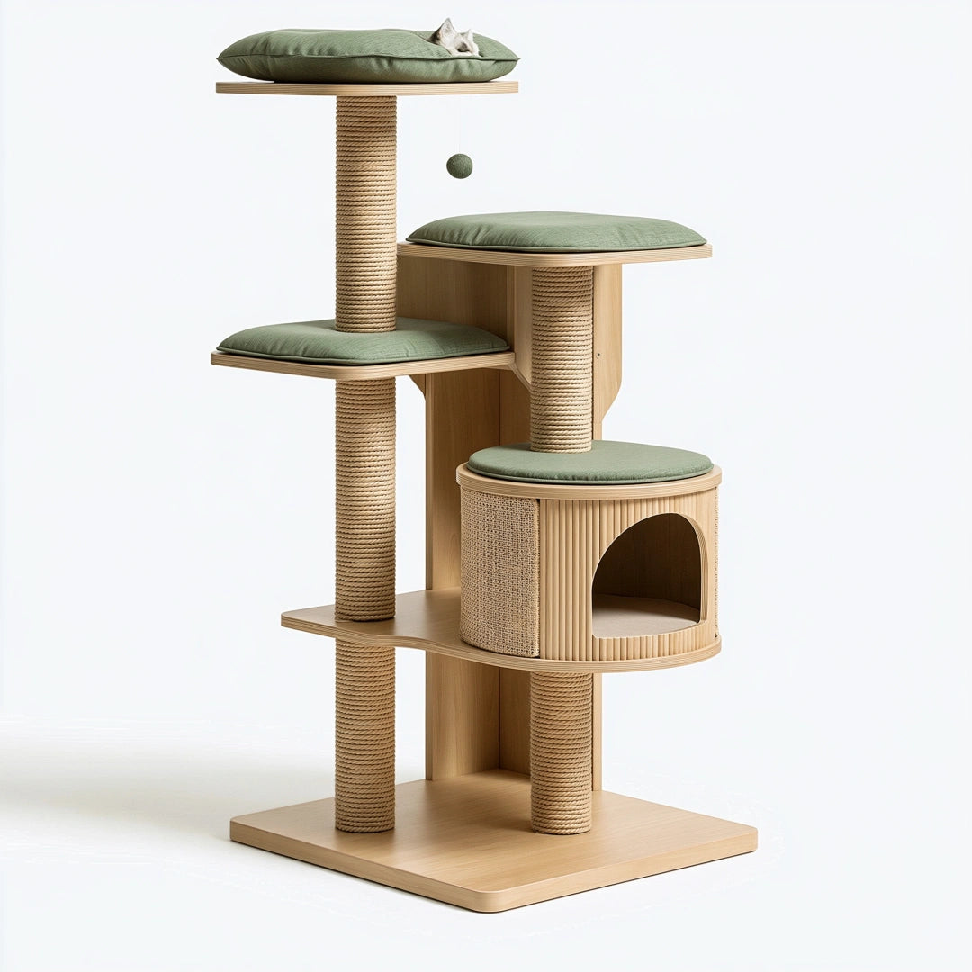 Albero tiragraffi 60 x 60 x 180 cm in legno e sisal verde con cuccia e piattaforme