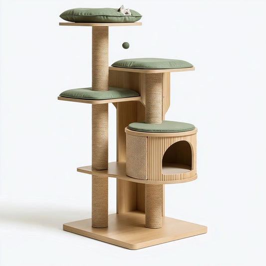 Albero tiragraffi 60 x 60 x 180 cm in legno e sisal verde con cuccia e piattaforme