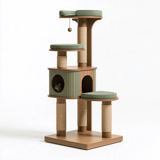 Albero tiragraffi per gatti 60 x 50 x 170 cm in legno marrone e sisal con cucce piattaforme imbottite stile moderno