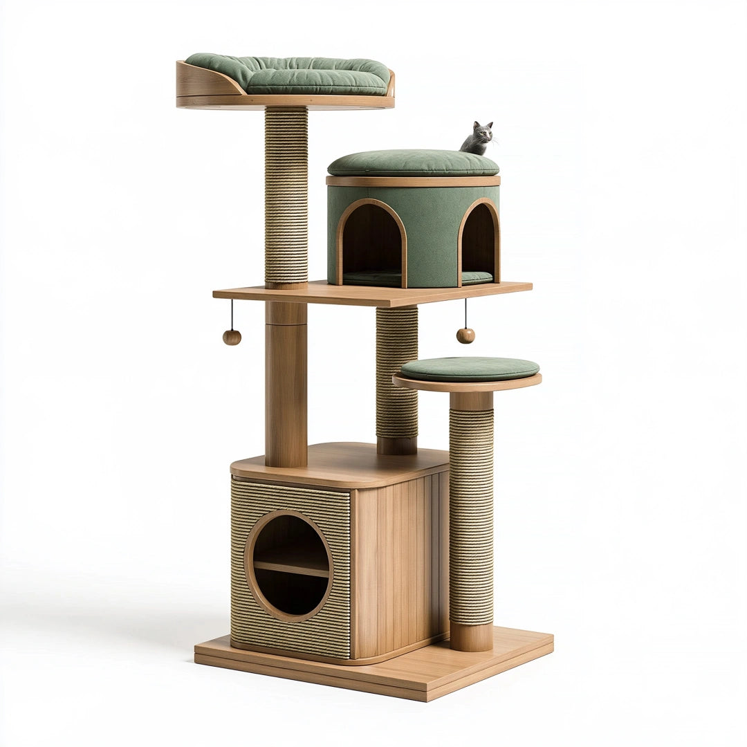 Tiragraffi per gatti 70 x 55 x 180 cm in legno e sisal verde con cucce piattaforme e colonne
