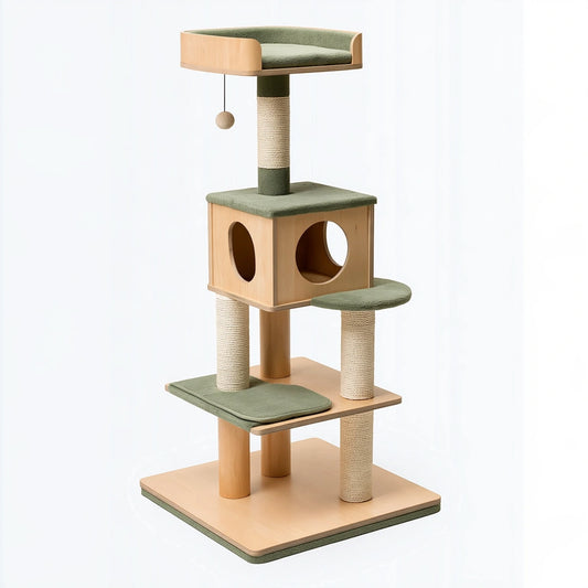 Tiragraffi per gatti 60 x 60 x 160 cm in legno naturale e sisal verde con cuccia e piattaforme