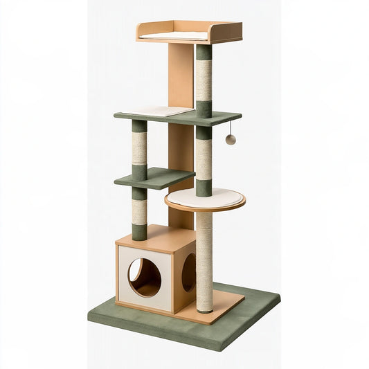 Tiragraffi per gatti 60 x 50 x 150 cm in legno e sisal verde e naturale con cuccia e piattaforme