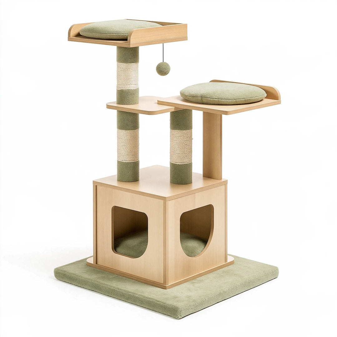 Tiragraffi per gatti 60 x 60 x 150 cm in legno beige e verde con cuccia e piattaforme