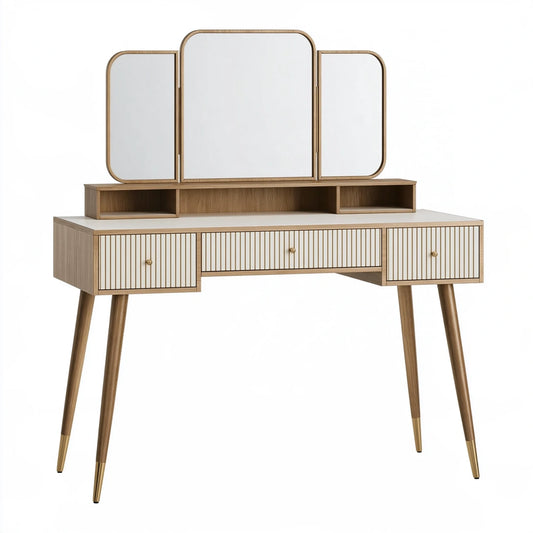 Tavolo da toeletta 120 cm in legno marrone e bianco con specchio triplo - stile moderno