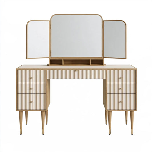 Toeletta 150 x 50 x 145 cm in legno beige con specchio pieghevole e cassetti stile moderno