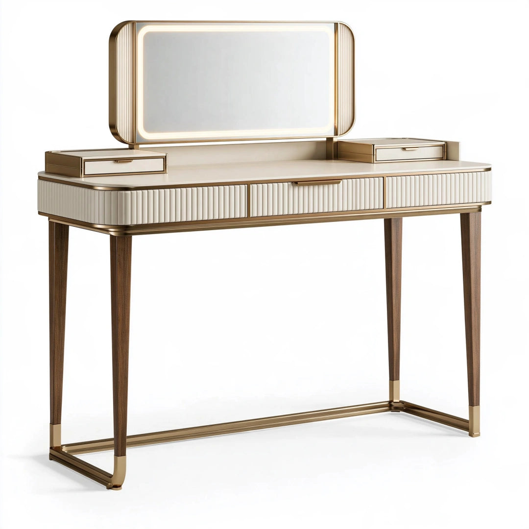 Tavolo da toeletta 120 x 45 x 145 cm crema e oro con specchio e cassetti