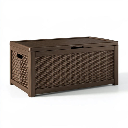 Baule contenitore da esterno 120 x 60 x 60 cm in resina effetto rattan marrone con coperchio stile moderno