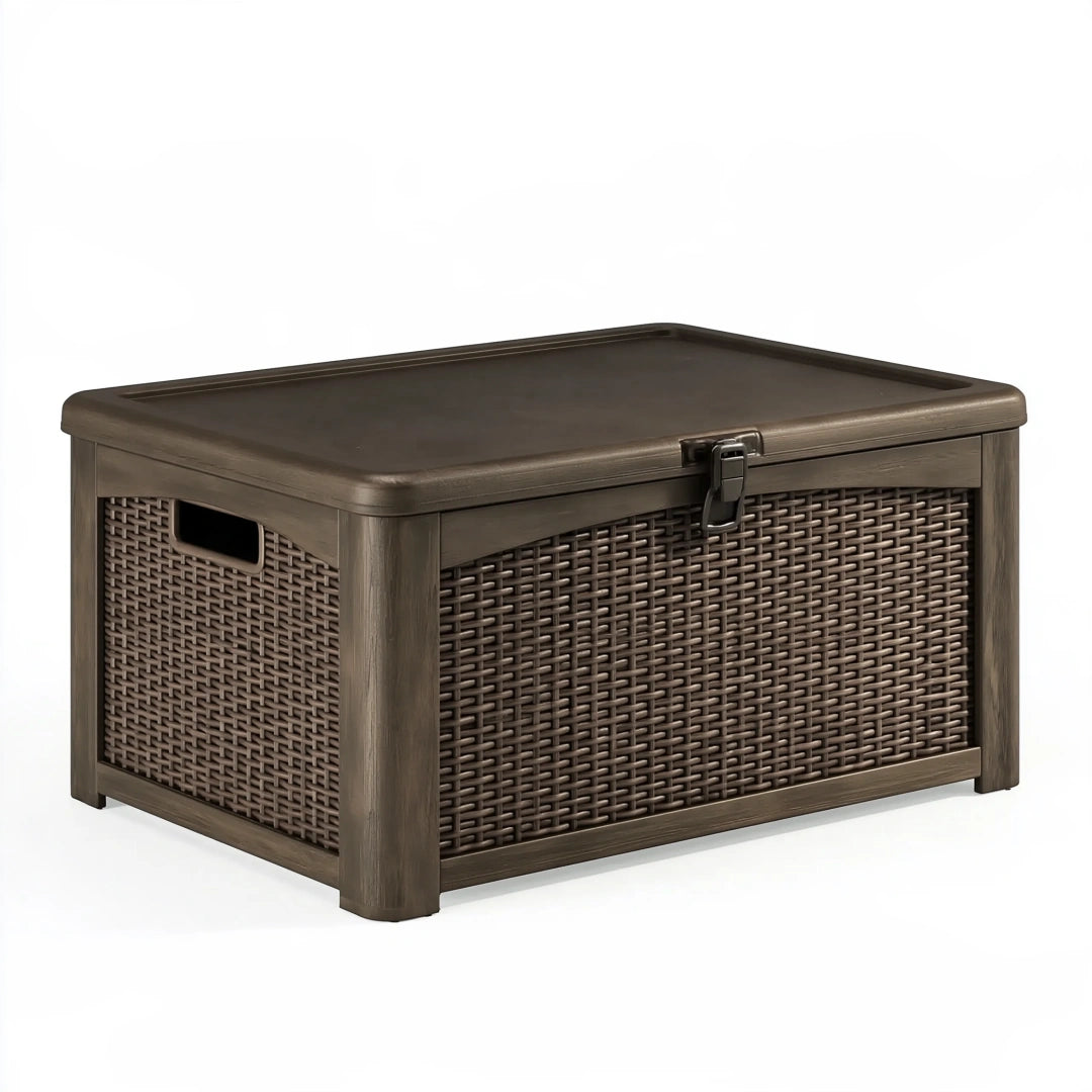 Cassapanca contenitore 80 x 45 x 50 cm in plastica marrone effetto rattan con coperchio