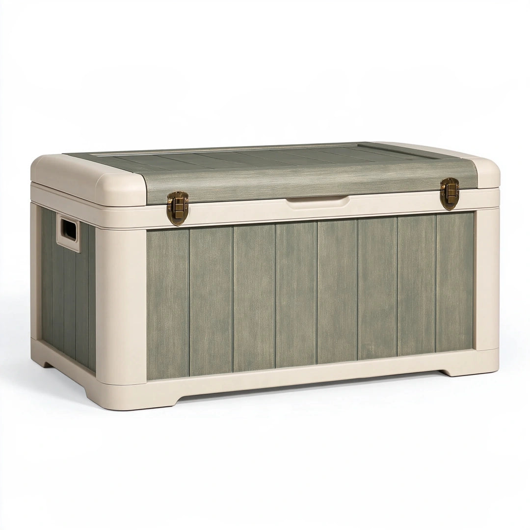 Cassapanca contenitore 100x50x55 cm in plastica grigio salvia e beige con coperchio