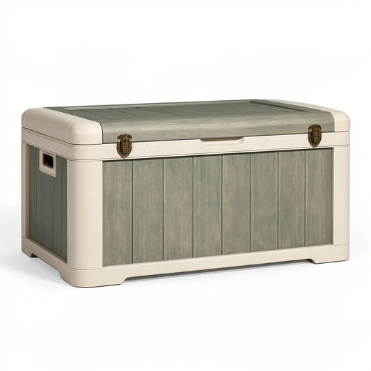 Cassapanca contenitore 100x50x55 cm in plastica grigio salvia e beige con coperchio